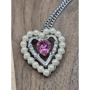 Vintage Avon 1974 Dear Heart Pendant Necklace Faux Pearls Pink Rhinestone 18"